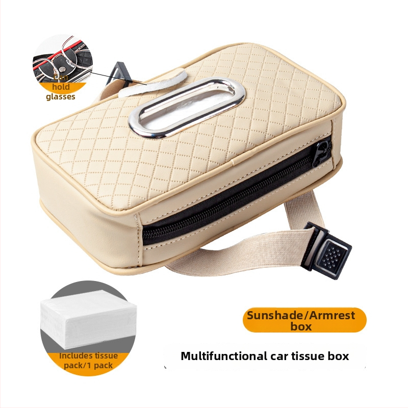 Δερμάτινο κουτί χαρτοπετσέτας αυτοκινήτου με λουρί, για ηλιοπροστασία και μαξιλαράκι βραχίονα, κλιπ γυαλιών