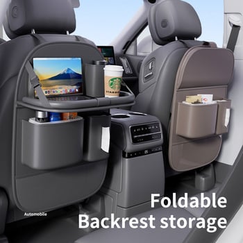 Bőr autóülés hátuljára szerelhető tároló táska, összecsukható asztallal, pohártartóval és esernyő tartóval, testreszabható