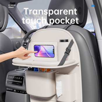 Bőr autóülés hátuljára szerelhető tároló táska, összecsukható asztallal, pohártartóval és esernyő tartóval, testreszabható