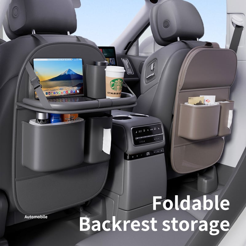 Bőr autóülés hátuljára szerelhető tároló táska, összecsukható asztallal, pohártartóval és esernyő tartóval, testreszabható