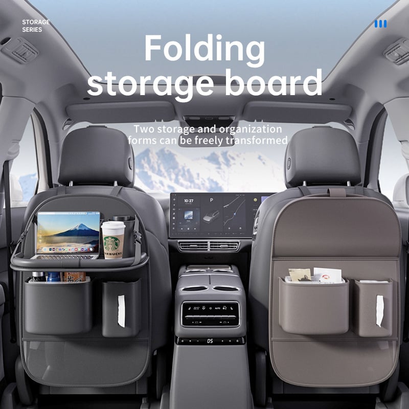 Bőr autóülés hátuljára szerelhető tároló táska, összecsukható asztallal, pohártartóval és esernyő tartóval, testreszabható