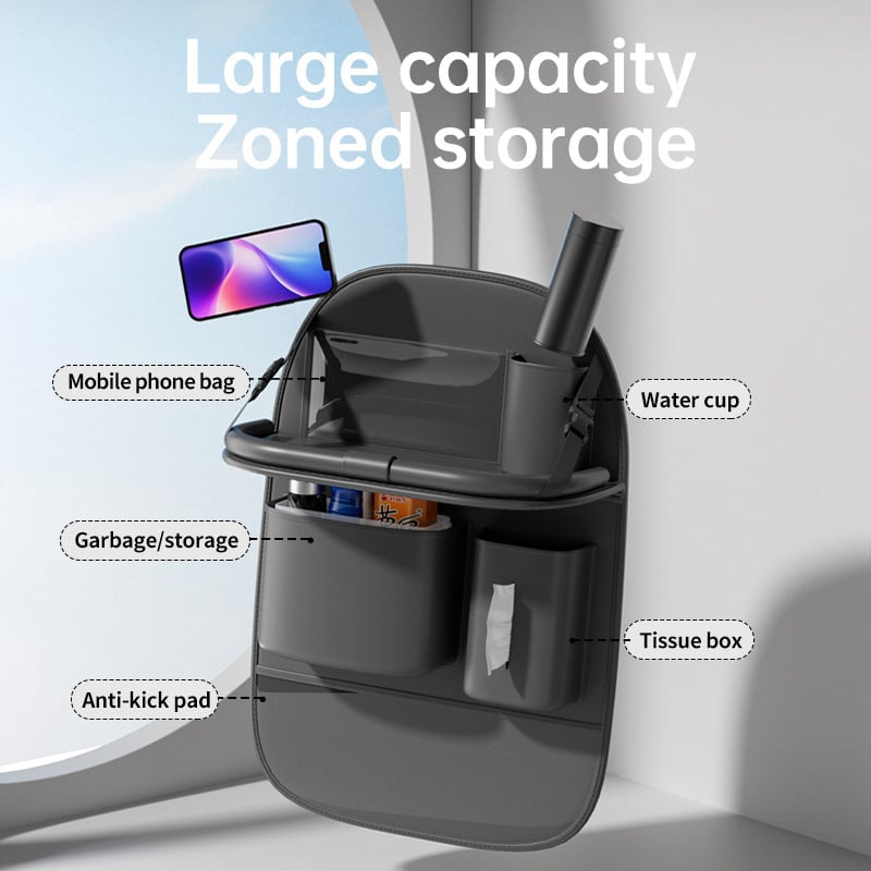 Bőr autóülés hátuljára szerelhető tároló táska, összecsukható asztallal, pohártartóval és esernyő tartóval, testreszabható