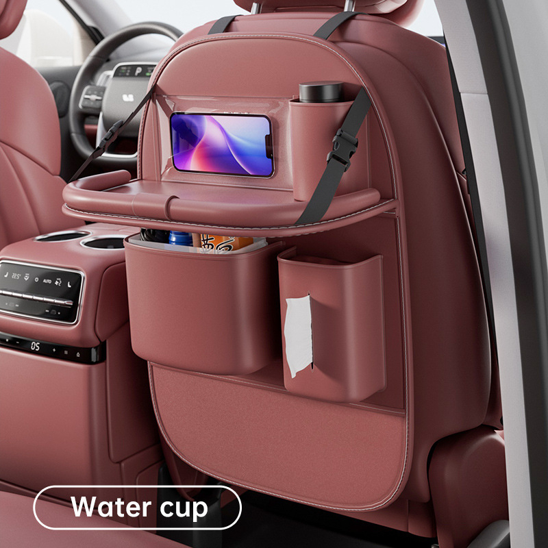 Bőr autóülés hátuljára szerelhető tároló táska, összecsukható asztallal, pohártartóval és esernyő tartóval, testreszabható