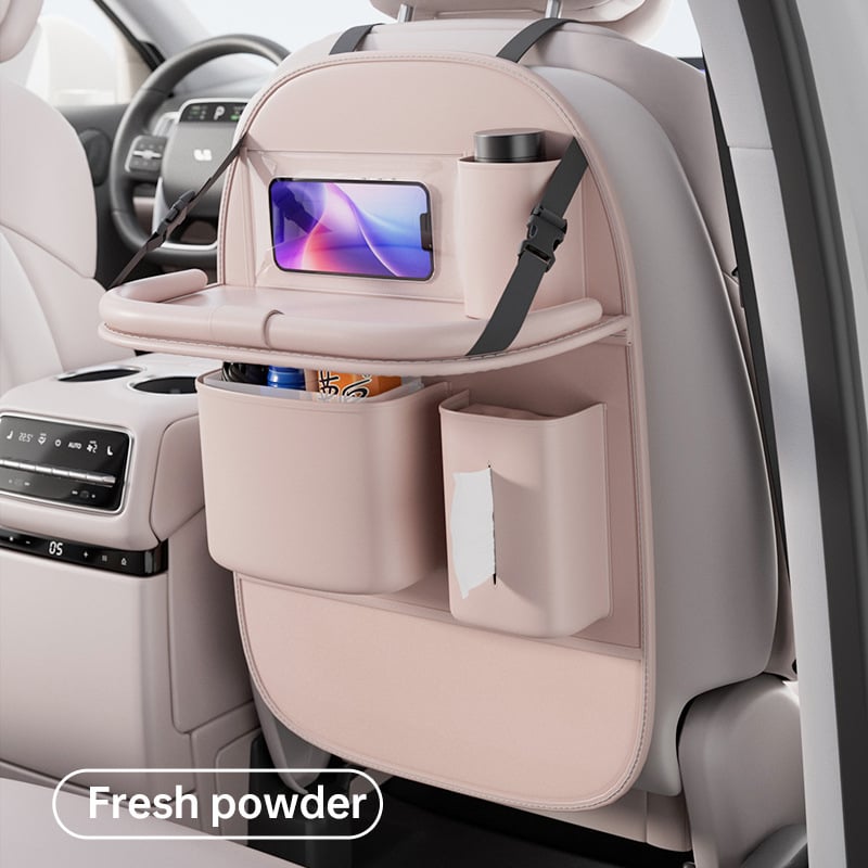 Bőr autóülés hátuljára szerelhető tároló táska, összecsukható asztallal, pohártartóval és esernyő tartóval, testreszabható