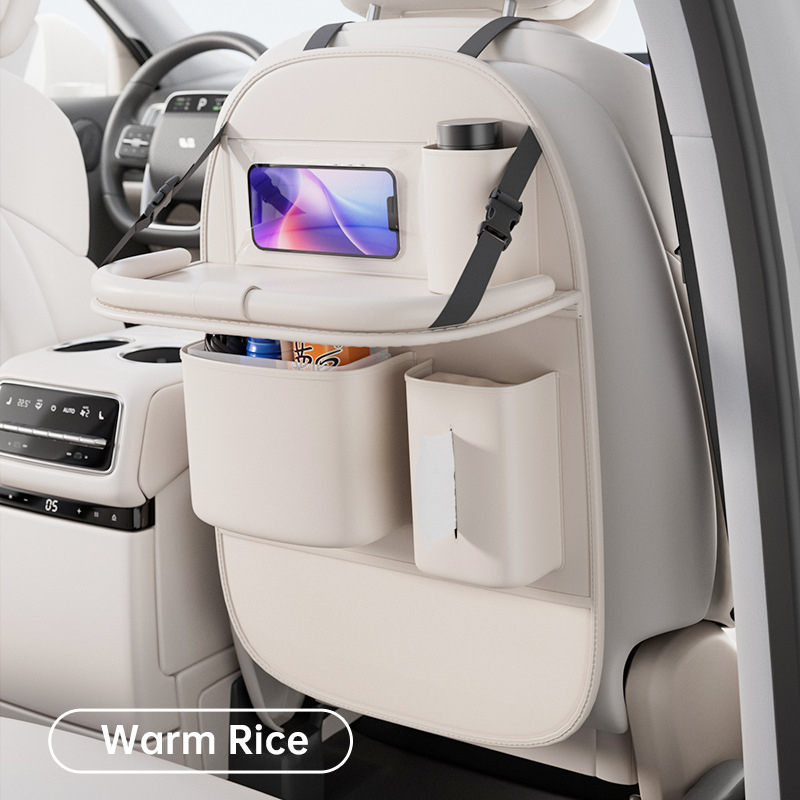 Bőr autóülés hátuljára szerelhető tároló táska, összecsukható asztallal, pohártartóval és esernyő tartóval, testreszabható
