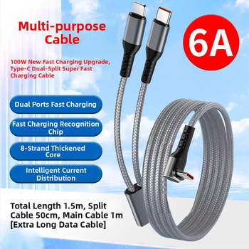 Pletený kábel Type-C na Lightning s uhlovým konektorom, rozbočovač 1–2, 100W rýchle nabíjanie, TurboCharge