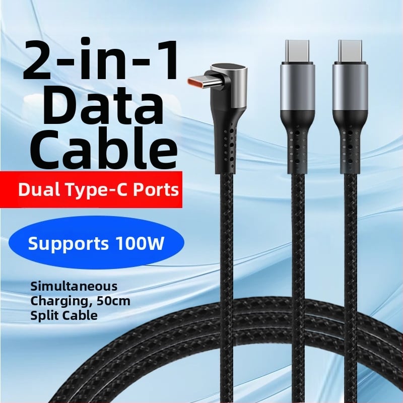 Pletený kábel Type-C na Lightning s uhlovým konektorom, rozbočovač 1–2, 100W rýchle nabíjanie, TurboCharge