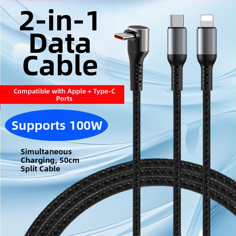 Pletený kábel Type-C na Lightning s uhlovým konektorom, rozbočovač 1–2, 100W rýchle nabíjanie, TurboCharge