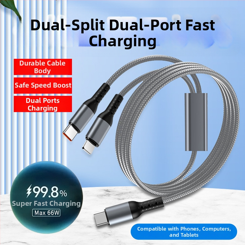 Pletený kábel Type-C na Lightning s uhlovým konektorom, rozbočovač 1–2, 100W rýchle nabíjanie, TurboCharge