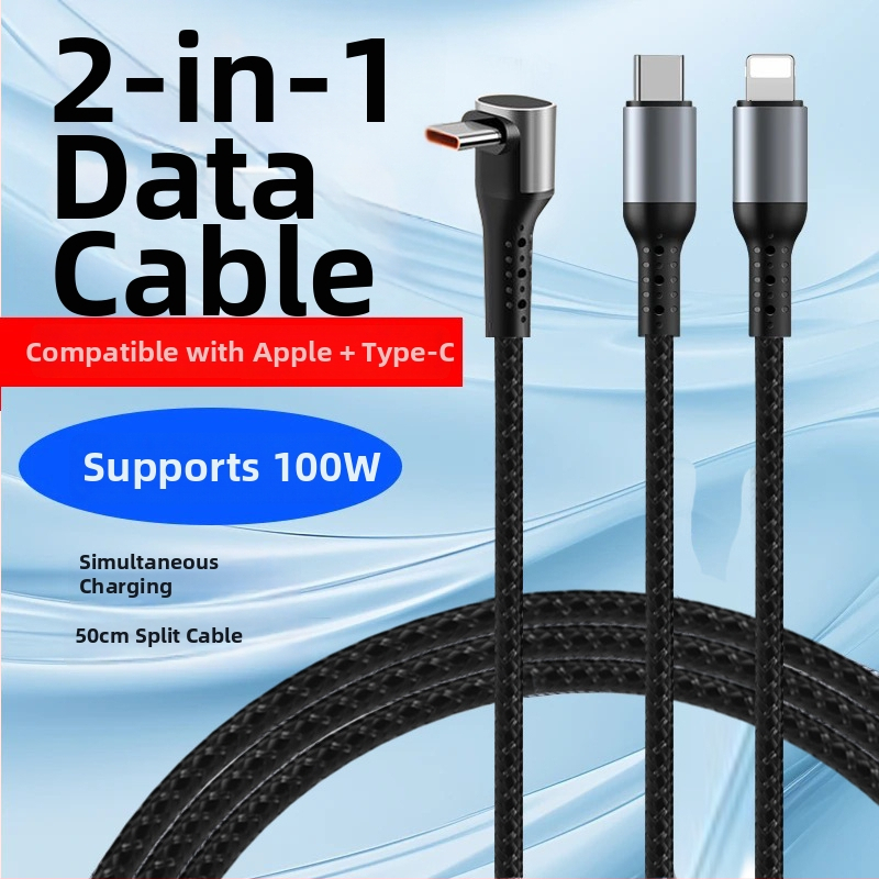 Pletený kábel Type-C na Lightning s uhlovým konektorom, rozbočovač 1–2, 100W rýchle nabíjanie, TurboCharge