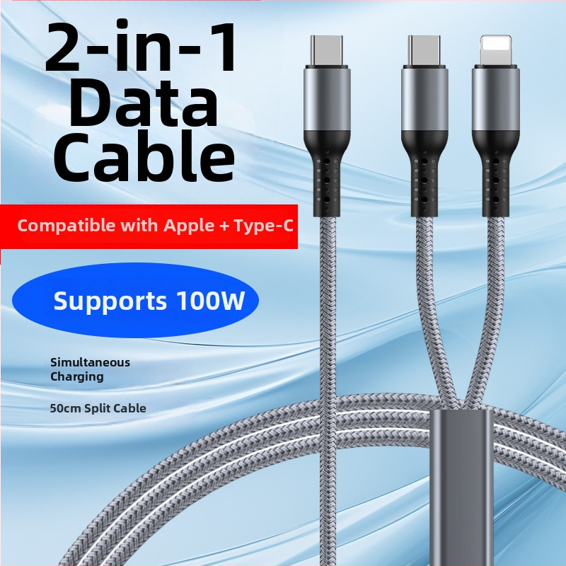 Pletený kábel Type-C na Lightning s uhlovým konektorom, rozbočovač 1–2, 100W rýchle nabíjanie, TurboCharge