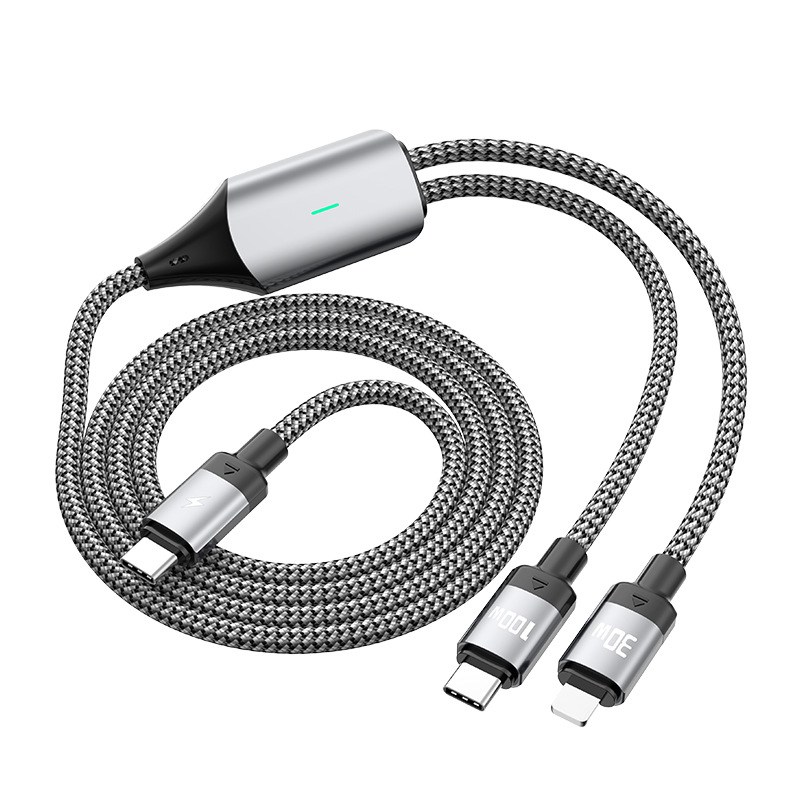 PD100W kabel za brzo punjenje s dvostrukim izlazom, Lightning i USB-C priključcima, tkaninski kabel, duljina 1 ili 2 m