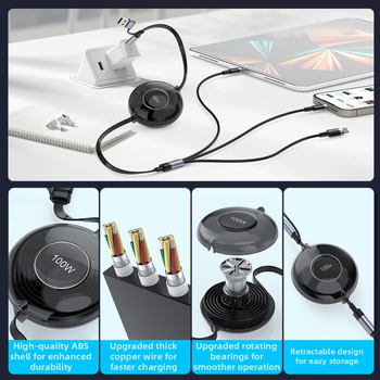 HXBO PD100W rýchlonabíjací dátový kábel, 3-v-1 dizajn s konektormi Lightning, USB-A a Type-C, dĺžka 1–2 m, Type-C výstup, materiál TPE