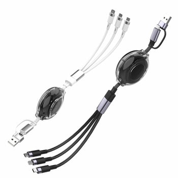 HXBO PD100W rýchlonabíjací dátový kábel, 3-v-1 dizajn s konektormi Lightning, USB-A a Type-C, dĺžka 1–2 m, Type-C výstup, materiál TPE