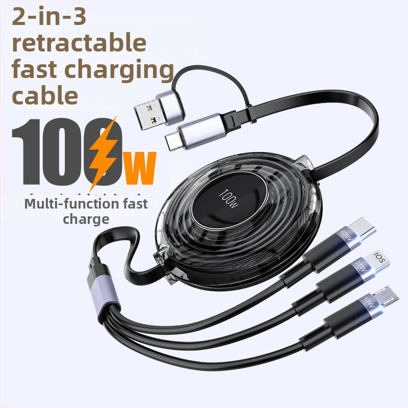 HXBO PD100W rýchlonabíjací dátový kábel, 3-v-1 dizajn s konektormi Lightning, USB-A a Type-C, dĺžka 1–2 m, Type-C výstup, materiál TPE