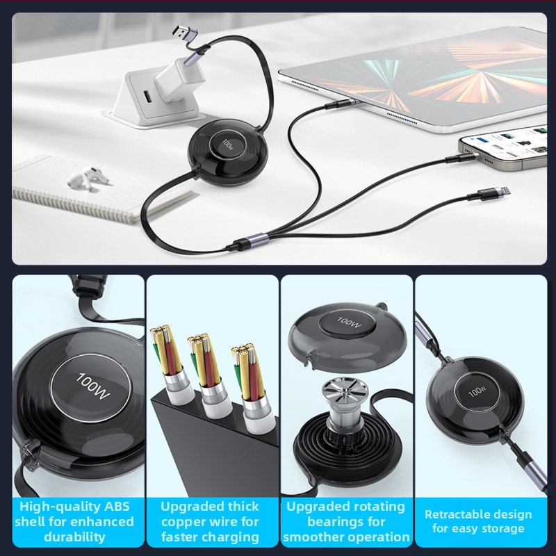 HXBO PD100W rýchlonabíjací dátový kábel, 3-v-1 dizajn s konektormi Lightning, USB-A a Type-C, dĺžka 1–2 m, Type-C výstup, materiál TPE