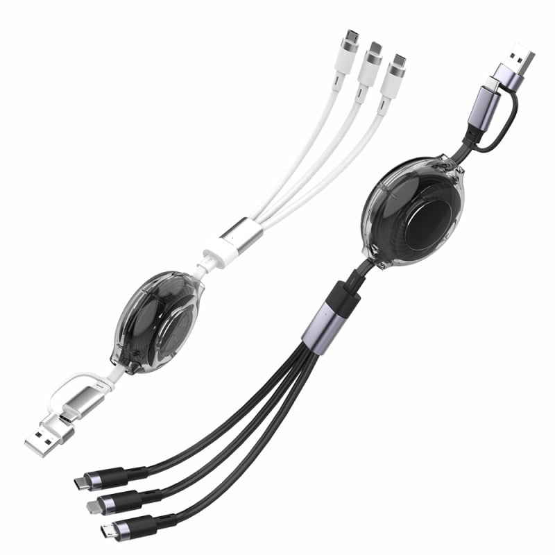 HXBO PD100W rýchlonabíjací dátový kábel, 3-v-1 dizajn s konektormi Lightning, USB-A a Type-C, dĺžka 1–2 m, Type-C výstup, materiál TPE