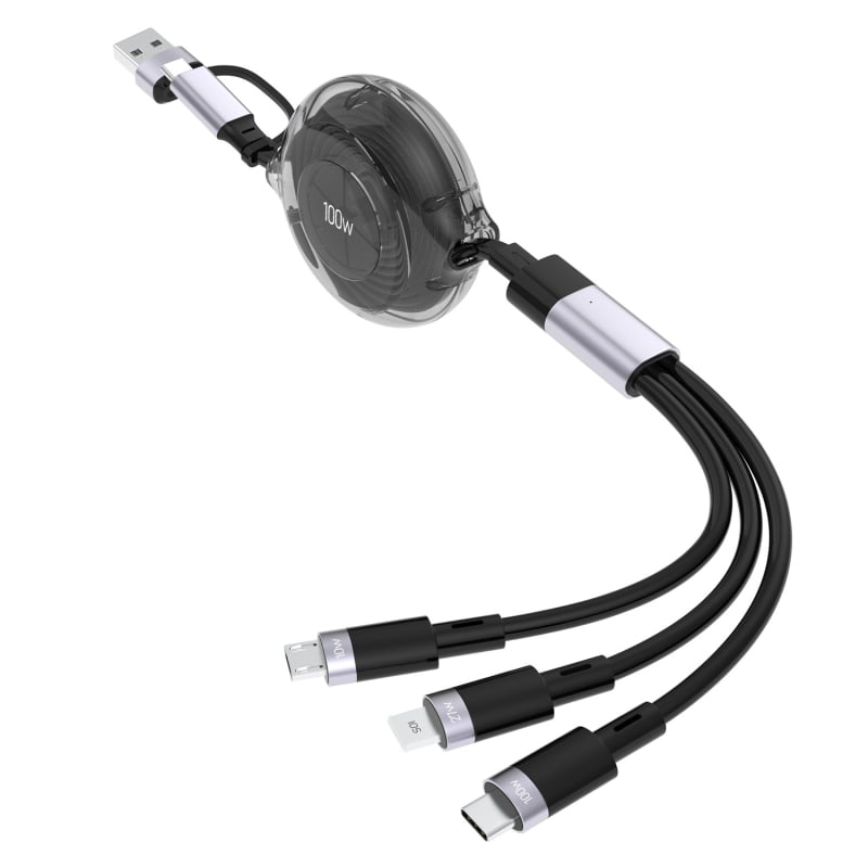 HXBO PD100W rýchlonabíjací dátový kábel, 3-v-1 dizajn s konektormi Lightning, USB-A a Type-C, dĺžka 1–2 m, Type-C výstup, materiál TPE