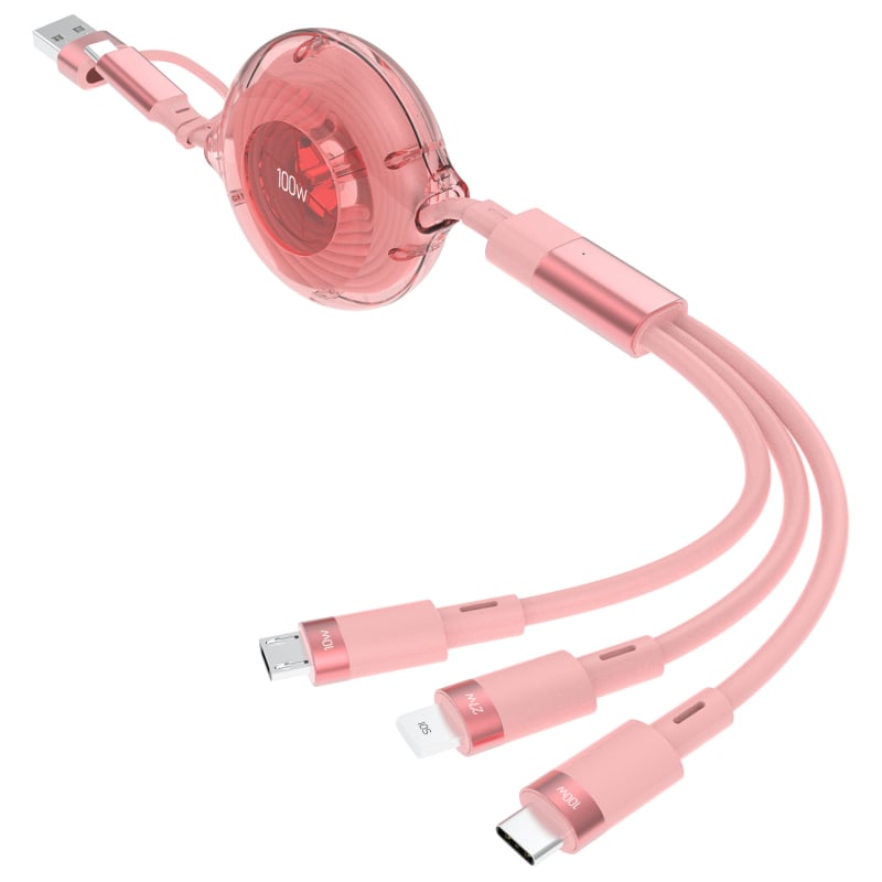 HXBO PD100W rýchlonabíjací dátový kábel, 3-v-1 dizajn s konektormi Lightning, USB-A a Type-C, dĺžka 1–2 m, Type-C výstup, materiál TPE