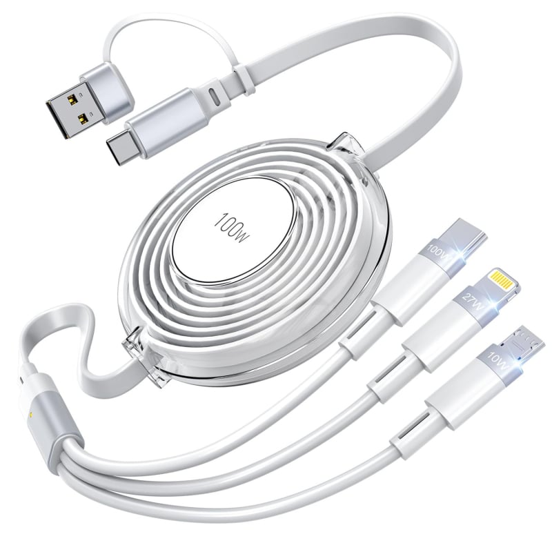 HXBO PD100W rýchlonabíjací dátový kábel, 3-v-1 dizajn s konektormi Lightning, USB-A a Type-C, dĺžka 1–2 m, Type-C výstup, materiál TPE