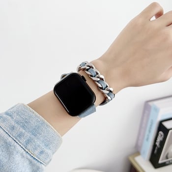 Apple Watch каишка от деним и метал, двоен пръстен, съвместим с iwatch9876se