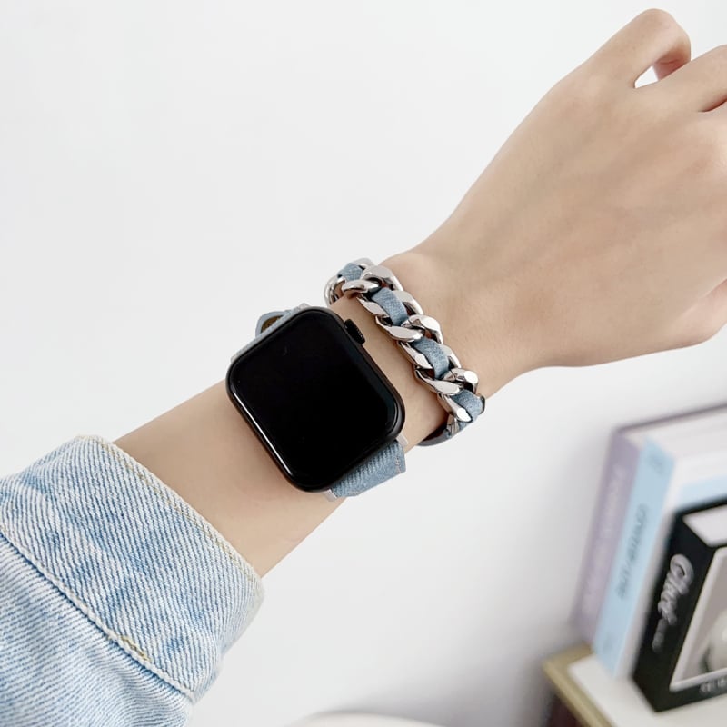 Apple Watch каишка от деним и метал, двоен пръстен, съвместим с iwatch9876se