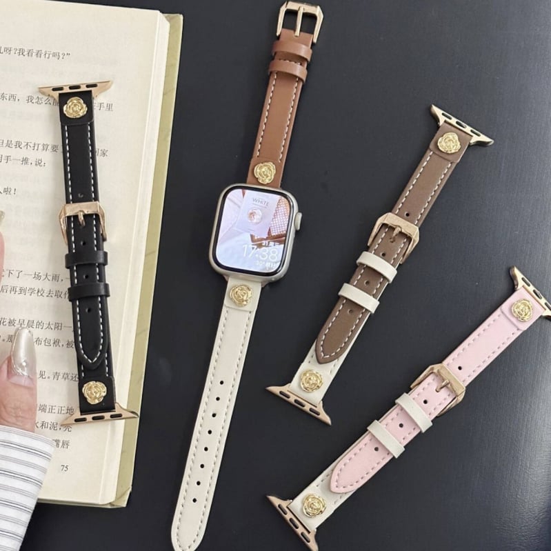 Ремък за Apple Watch от естествена кожа, Hongshi strap, щифтова катарама, дизайн Colorblock Camellia, съвместим с Apple Watch