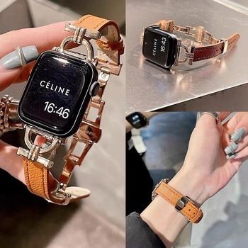 Bratara Apple Watch din piele naturală, cu cataramă fluture - Design în formă de D, la modă, compatibilă cu Apple Watch
