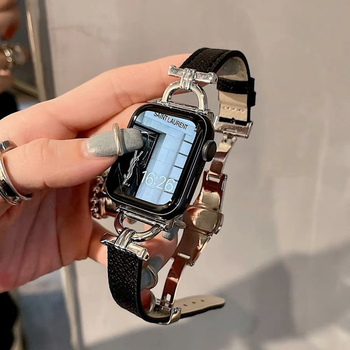 Bratara Apple Watch din piele naturală, cu cataramă fluture - Design în formă de D, la modă, compatibilă cu Apple Watch