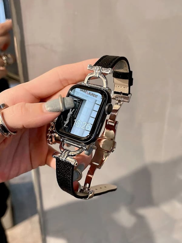 Bratara Apple Watch din piele naturală, cu cataramă fluture - Design în formă de D, la modă, compatibilă cu Apple Watch