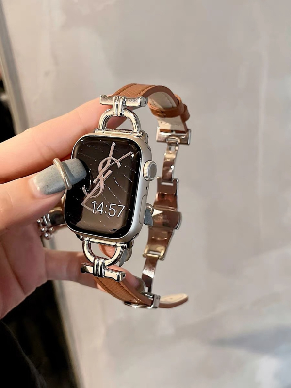 Bratara Apple Watch din piele naturală, cu cataramă fluture - Design în formă de D, la modă, compatibilă cu Apple Watch