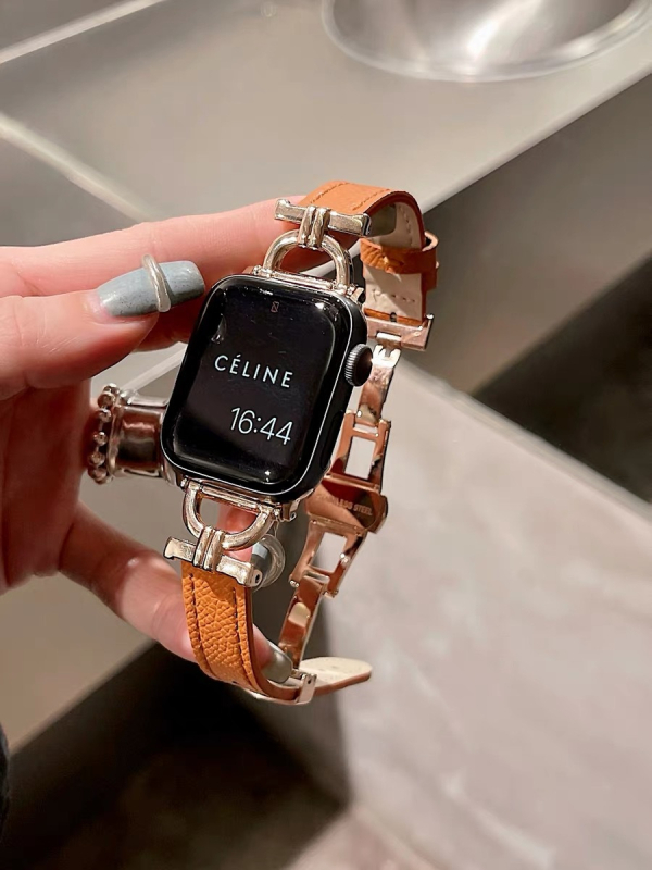 Bratara Apple Watch din piele naturală, cu cataramă fluture - Design în formă de D, la modă, compatibilă cu Apple Watch