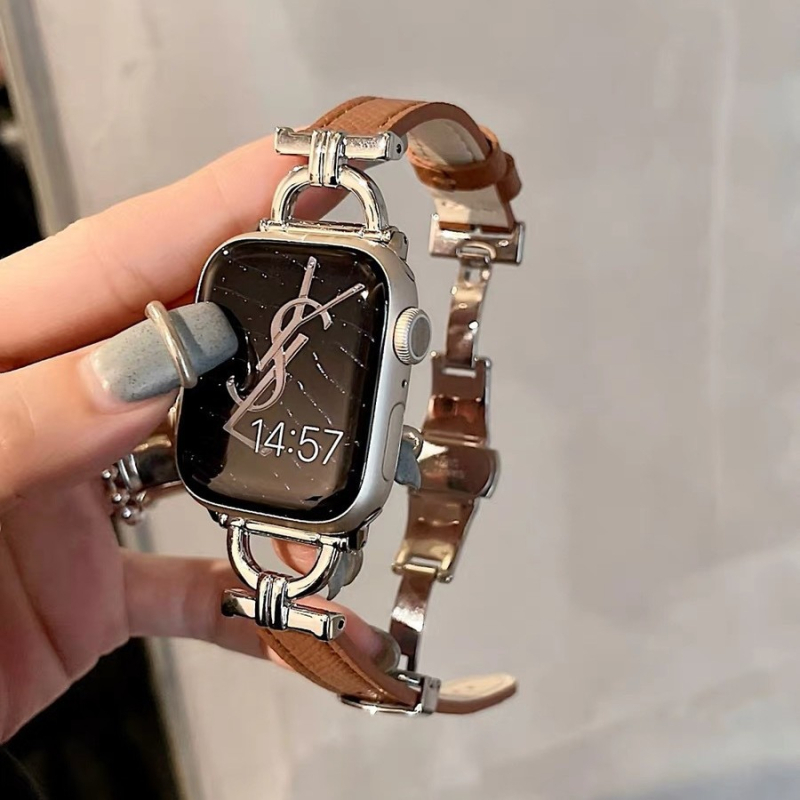 Bratara Apple Watch din piele naturală, cu cataramă fluture - Design în formă de D, la modă, compatibilă cu Apple Watch