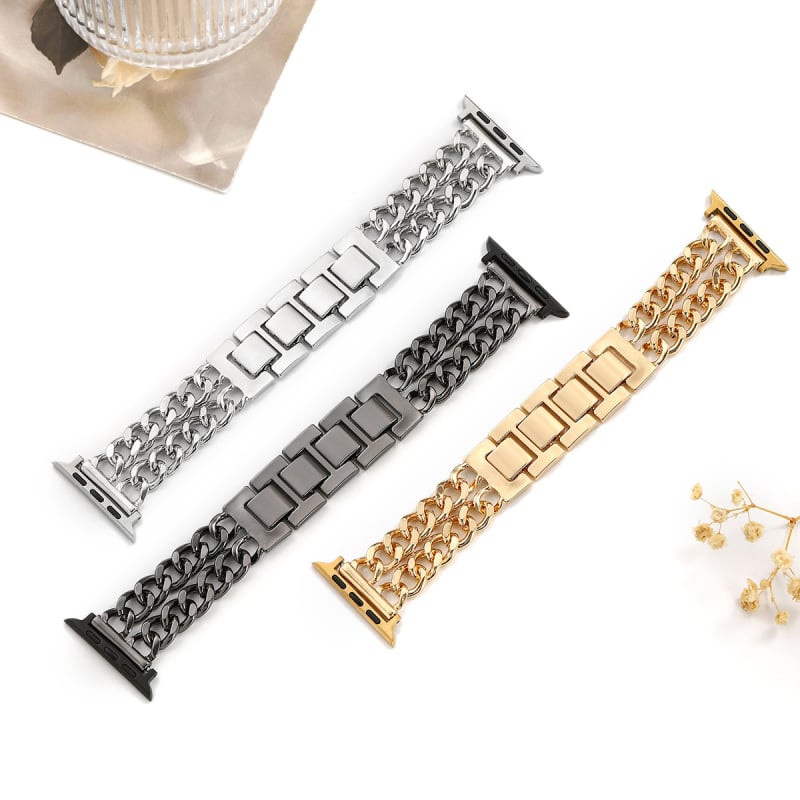 Apple Watch метална каишка – двойна редица деним верига, 321 сплав неръждаема стомана, съвместима с Apple Watch 4–8, Произход: Jinhua, Пускане: есен 2024