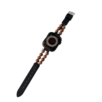 Brățară din piele naturală pentru Apple Watch, cu mărgele din lemn, stil la modă, închidere cu cataramă cu pin