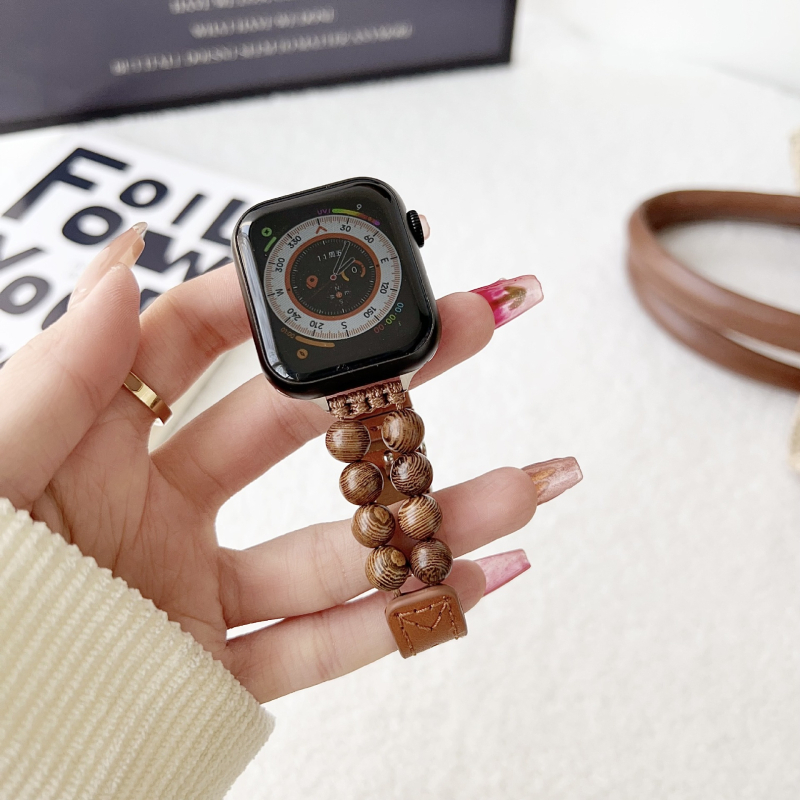Brățară din piele naturală pentru Apple Watch, cu mărgele din lemn, stil la modă, închidere cu cataramă cu pin