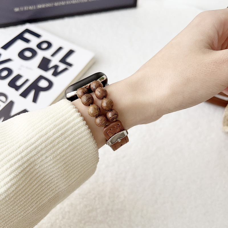 Brățară din piele naturală pentru Apple Watch, cu mărgele din lemn, stil la modă, închidere cu cataramă cu pin