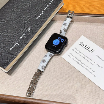 Brățară curbata din metal cu design floral, pentru Apple iPhone 11, Xiaomi Band 8/9 Pro și Huawei Band 8/9/10; material metalic, interfață 14 mm, închidere cu buton snap