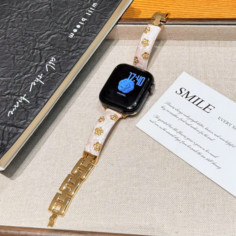 Brățară curbata din metal cu design floral, pentru Apple iPhone 11, Xiaomi Band 8/9 Pro și Huawei Band 8/9/10; material metalic, interfață 14 mm, închidere cu buton snap