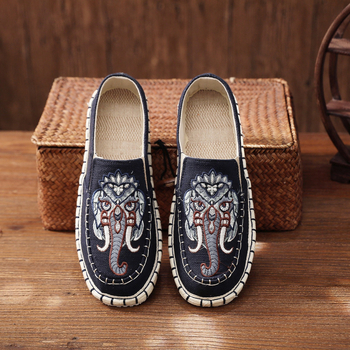 Vyriniai etniniai tekstiliniai bateliai su apvaliu nosimi, viršus iš drobės, žemas aukštis, elastinė juosta, daugiasluoksnė padai