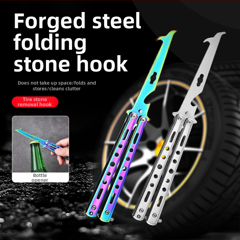 Autógumi kőeltávolító eszköz hajtogatható horoggal és biztonsági kalapáccsal — Polyhedron, ötvözött acél, Zhejiang eredet, testreszabható feldolgozás