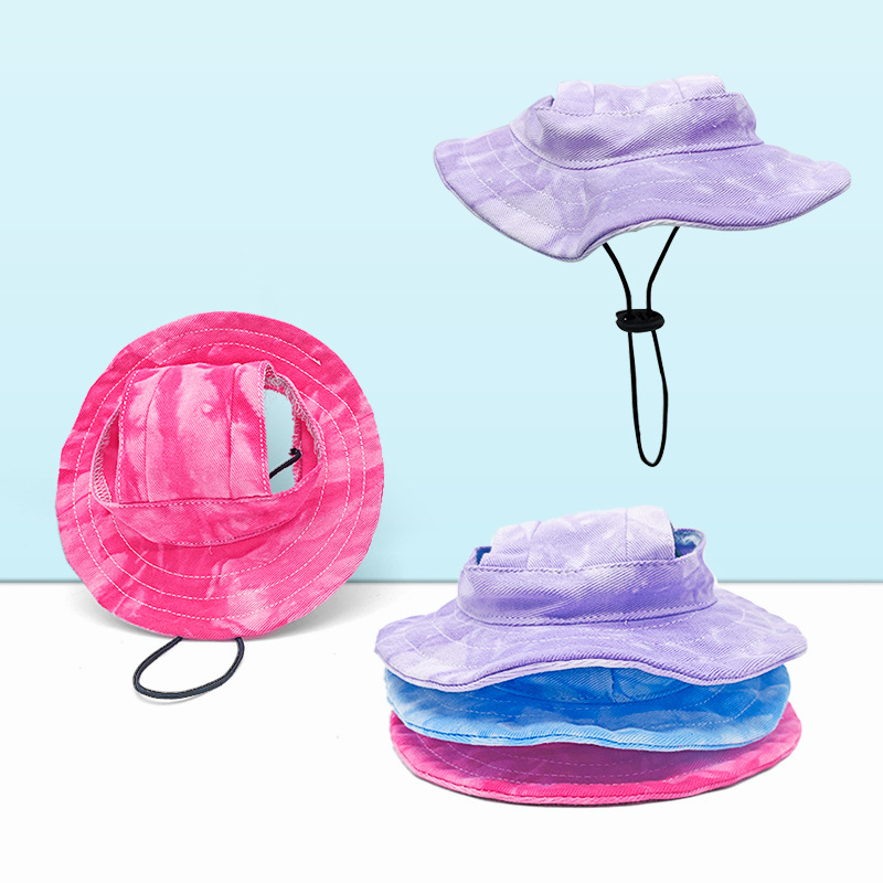 Pălărie pescărească pentru animale de companie cu urechi expuse – Monocrom, pânză, țesătură simplă, vopsire tie-dye, vară, pentru câini și pisici