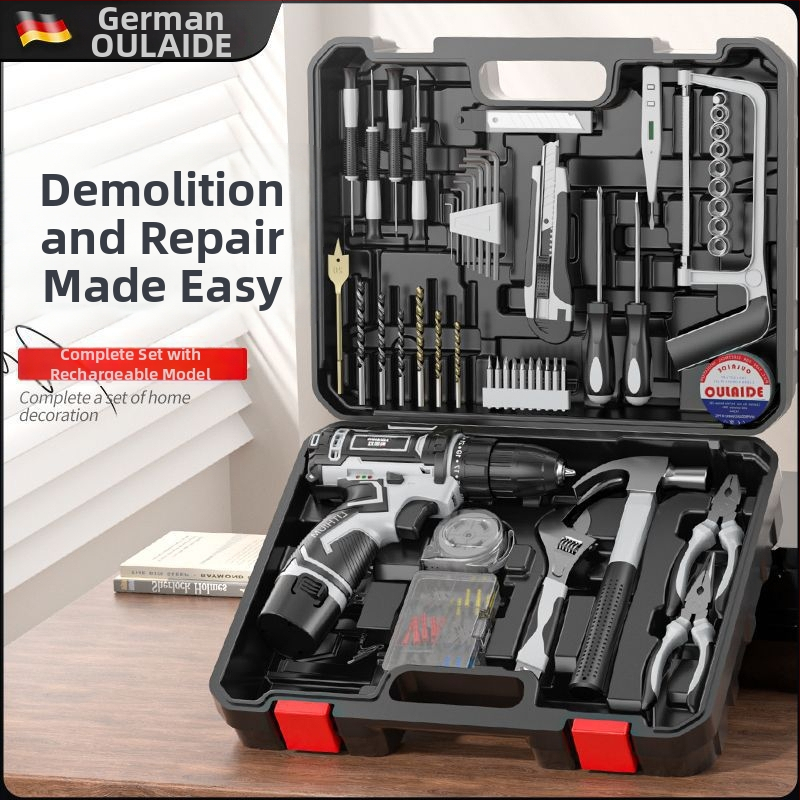 Akkumulátoros fúrókészlet lítium akkumulátorral és elektromos csavarhúzóval műanyag szerszámosládában