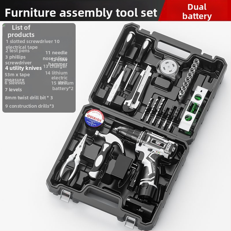 Akkumulátoros fúrókészlet lítium akkumulátorral és elektromos csavarhúzóval műanyag szerszámosládában