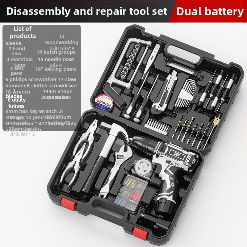 Akkumulátoros fúrókészlet lítium akkumulátorral és elektromos csavarhúzóval műanyag szerszámosládában