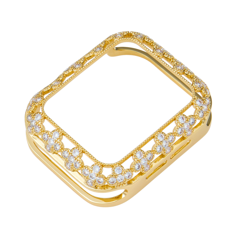 Ochranný kryt pre Apple Watch Series 11/SE3 z meďe a zirkónmi, s vsadeným štvorlístkom