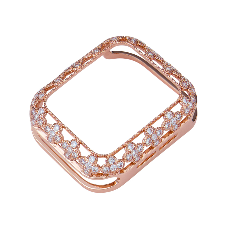 Ochranný kryt pre Apple Watch Series 11/SE3 z meďe a zirkónmi, s vsadeným štvorlístkom