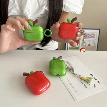 AirPods калъф със 3D ябълка и листа в Ins стил — силикон, мека обвивка, карикатурен дизайн, гравиране, съвместим с Apple