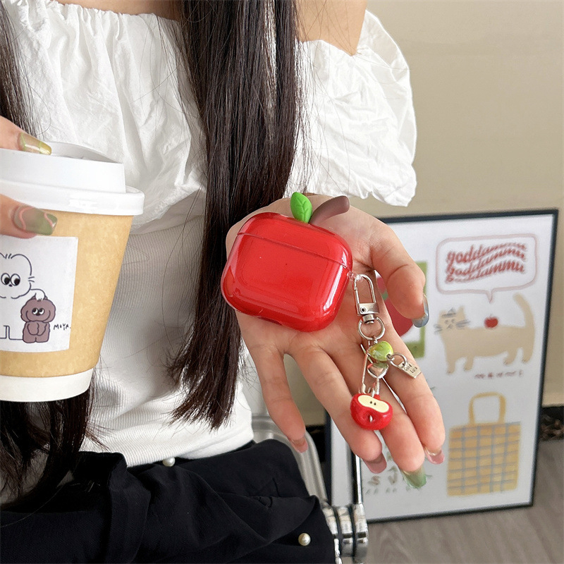 AirPods калъф със 3D ябълка и листа в Ins стил — силикон, мека обвивка, карикатурен дизайн, гравиране, съвместим с Apple