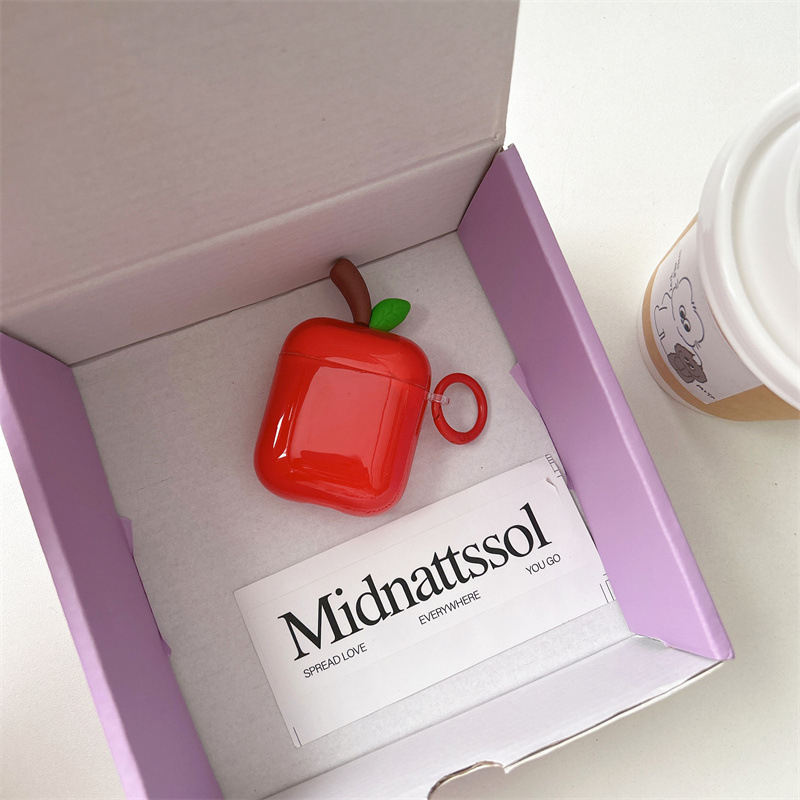 AirPods калъф със 3D ябълка и листа в Ins стил — силикон, мека обвивка, карикатурен дизайн, гравиране, съвместим с Apple